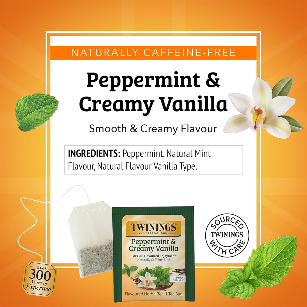 Twinings Peppermint & Creamy Vanilla Herbal Tea Individually Wrapped Bags, 20 Count (Pack of 1), Formerly Buttermint, Naturally Caffeine-Free, Enjoy Hot or Iced