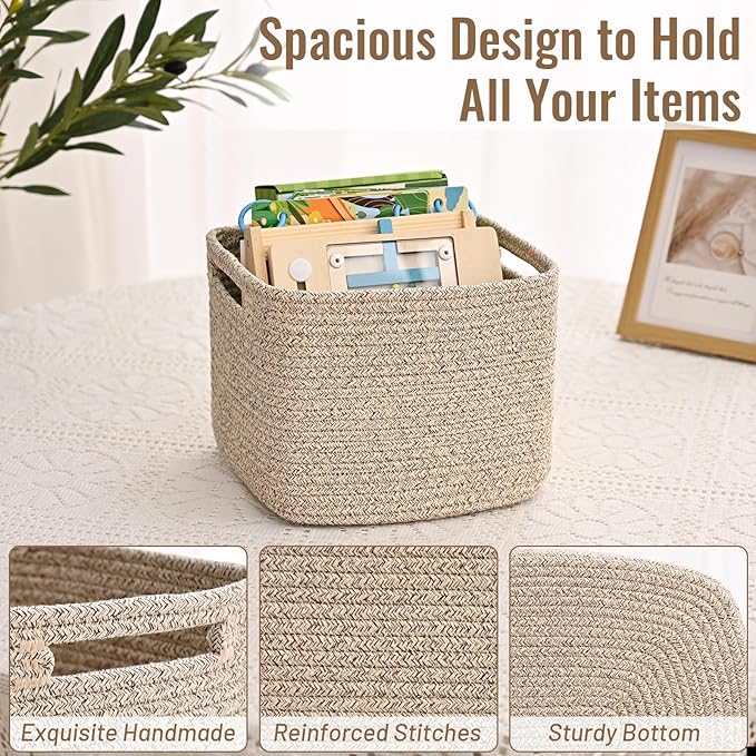 3 Pack Cube Storage Bin, 9”x9”x7” Cotton Rope Woven Baskets for Organizing Toys Clothes Towels, Square Gift Storage Baskets for Shelf, Nursery, Closet, Bathroom, Pantry (Jute)