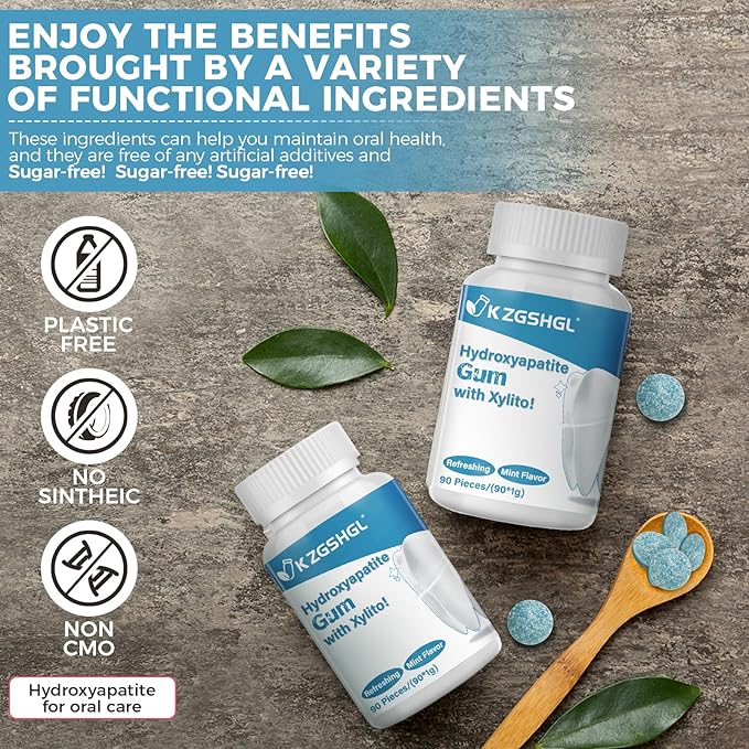 Hydroxyapatite Gum, 90 Pieces, Xylitol Gum, Good for Teeth Remineralization, Sugar-Free Mint Chewing Gum with Xylitol, Two pills after meals to freshen breath and clean teeth
