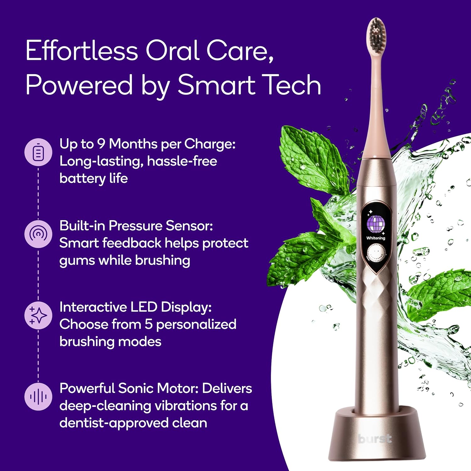 Burst Pro Sonic Advanced Electric Toothbrush for Adults (Rose Gold) | Soft Bristles | 33,000 Vibrations | Long-Lasting Battery and Multiple Brushing Modes