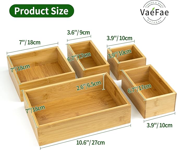VaeFae 5 PCS Bamboo Drawer Organizers Set, 5-size Wooden Organizer Box, Storage Bins for Kitchen, Bathroom, Office, Bedroom and Living Room
