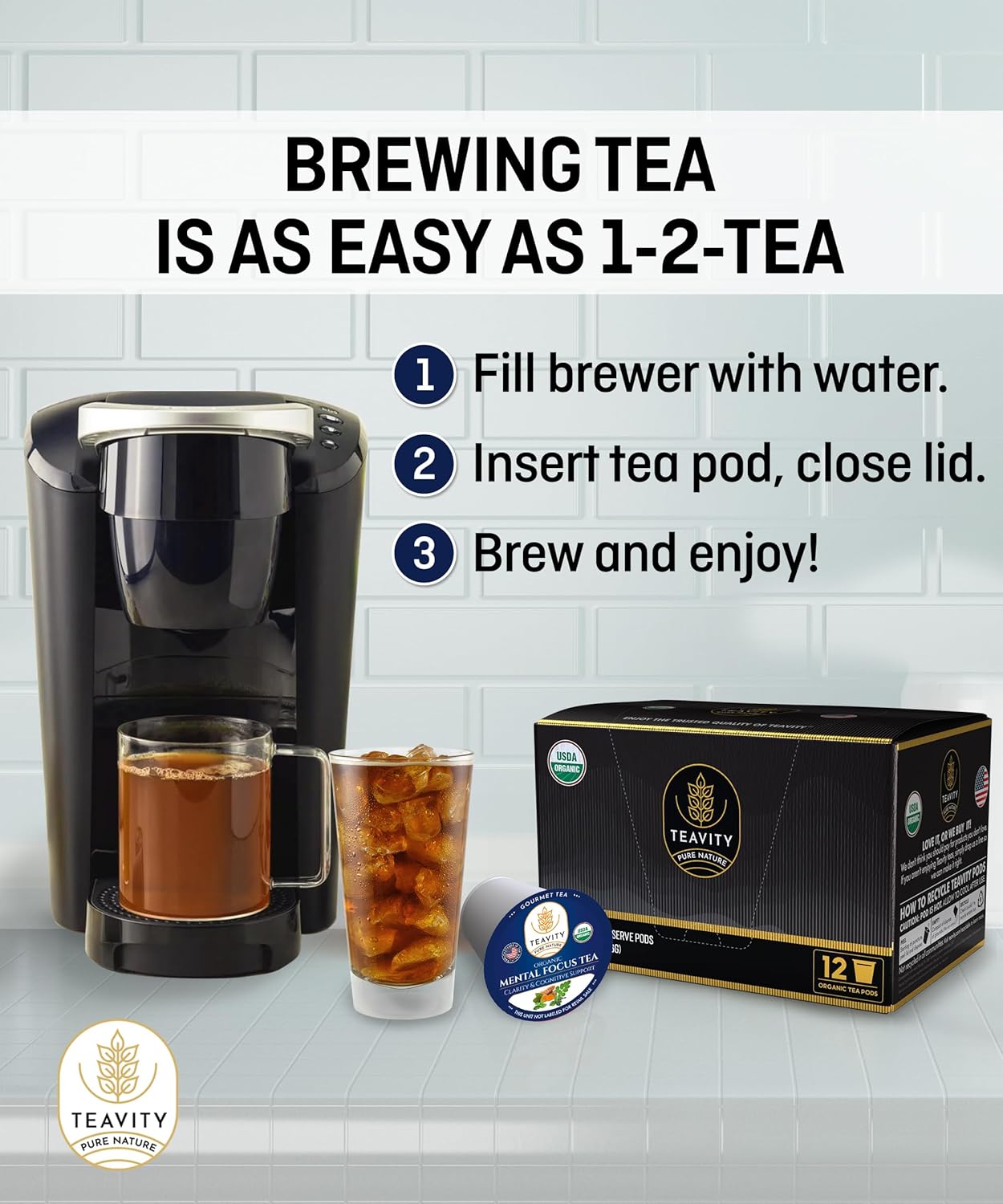 Teavity Organic Mental Focus Tea Pods (24 Count) - Moringa, Peppermint, Holy Basil & Turmeric - Naturally Decaf - Keurig Compatible