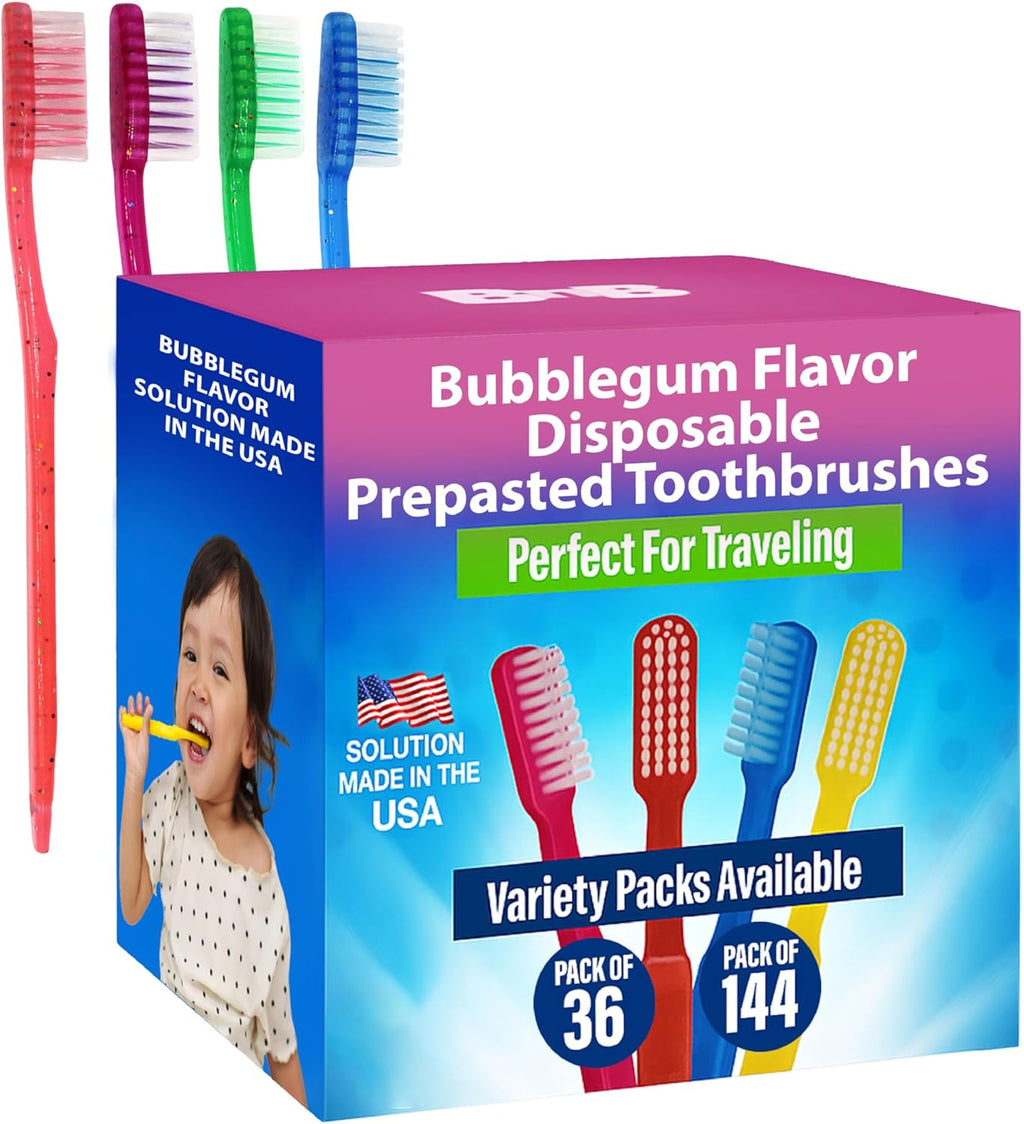 144 Kids Prepasted Toothbrushes Individually Wrapped - Bubblegum Disposable Toothbrushes - NO Water Needed, Just Start Brushing (144 Pack)