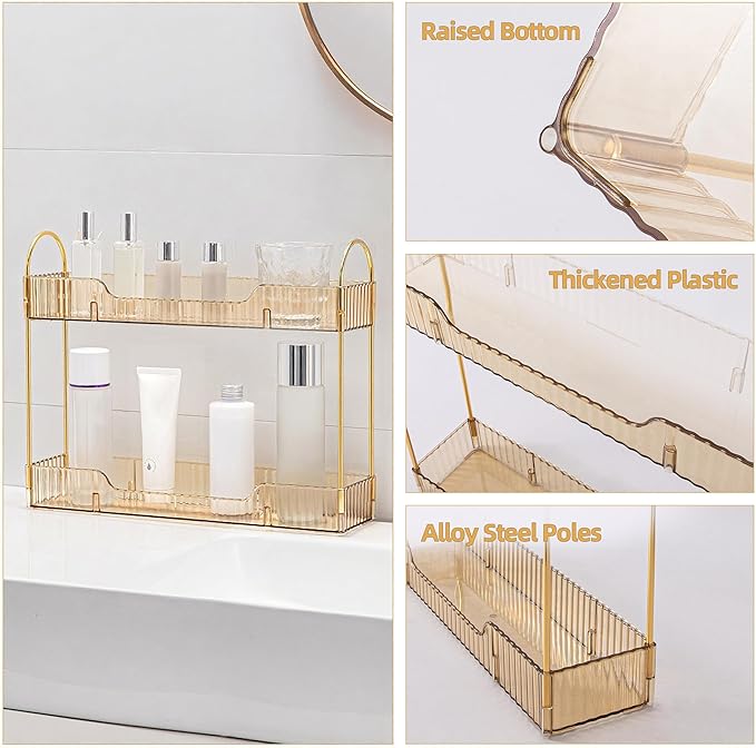 YCIA&DONE 2 Tiers Narrow Vanity Makeup Organizer, Bathroom Organizers Countertop Slim, Perfume Holder Skincare Storage Cosmetic Shelf Spice Rack, for Small Desktop Counter Space, Amber Gold