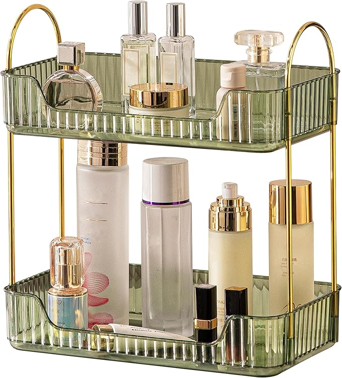 2 Tier Bathroom Organizer Countertop Makeup Perfume Tray Skincare Organizer for Bathroom Dresser Vanity (Green)