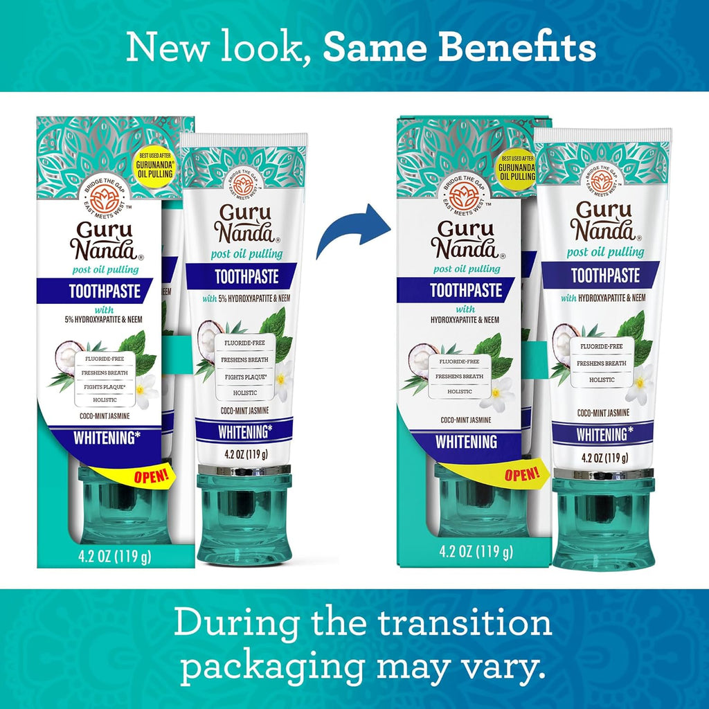 GuruNanda Hydroxyapatite Toothpaste, SLS & Fluoride Free, Whitening Toothpaste with Tongue Scraper & Squeezer - Freshens Breath, Fights Plaque - Natural CocoMint Jasmine Neem, 4.2oz