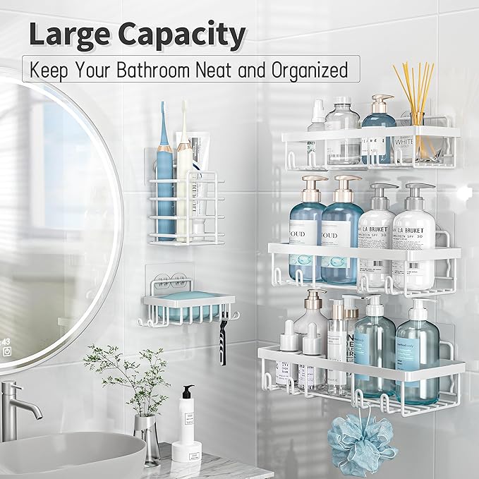 5 Pack Shower Caddy Organizer Rack Shelf for Inside Shower, Self Adhesive Wall Storage Basket Rustproof Stainless Steel Shampoo Holder Bathroom Accessory Decor Set, White