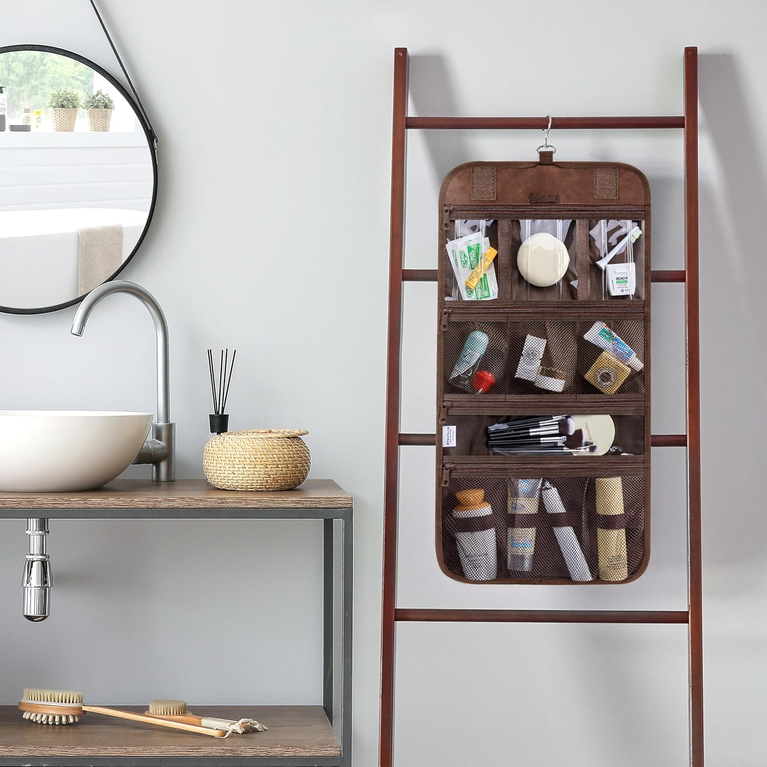 PAVILIA Hanging Toiletry Bag Men Women, Travel Kit Foldable Large Toiletries Organizer, Roll up Cosmetics Makeup Bag Accessories, Waterproof Essentials Dopp Case (Brown)