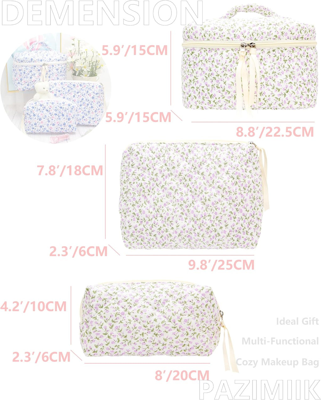 PAZIMIIK 3PCS Makeup Bag SET Large Travel Quilted Zipper Soft Cosmetic Case Pouch for Women Girls Make Up,Floral Purple