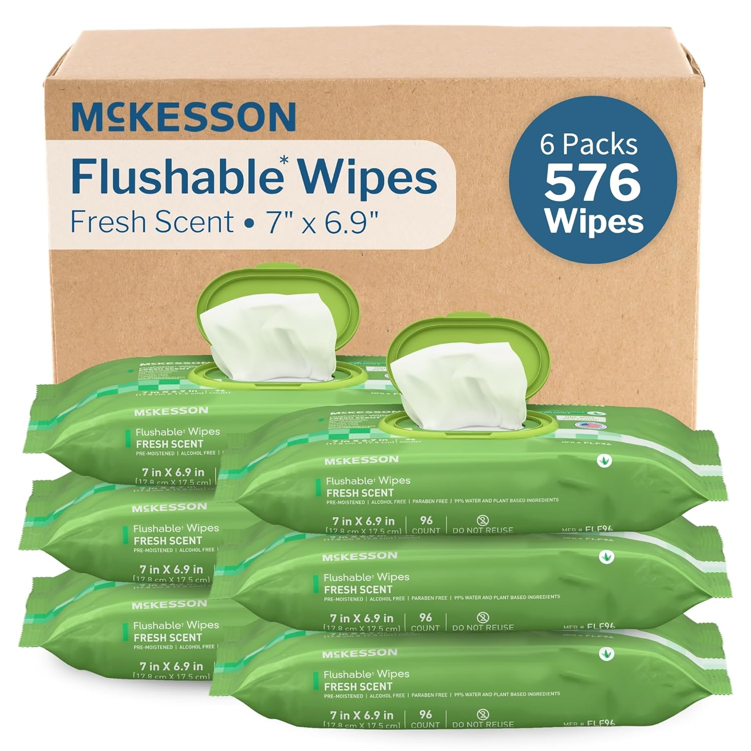 McKesson Flushable* Adult Wet Wipes – 576 Wipes (6 Pack of 96) – Aloe & Vitamin E, Plant-Based Cleansing Wipes, Scented