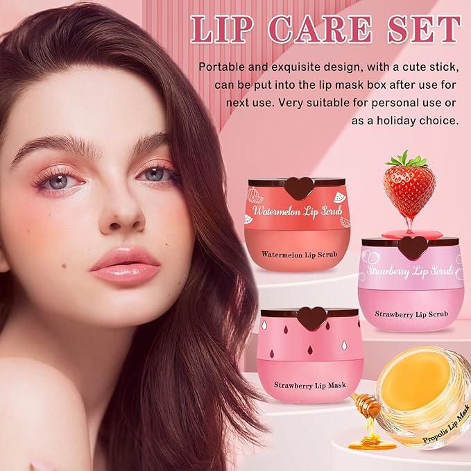 4PCS Lip Scrub and Mask Set,Strawberry and Honey Pot Lip Balm,Reduces Lip Lines Lip Exfoliator Scrub and Moisturizer,Repair Bee Lip Balm and Lip Scrub Set,Lip Mask Overnight