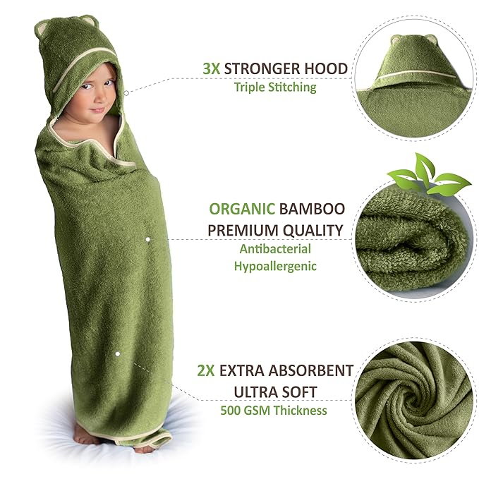 Premium Toddler Towels with Hood - Extra Soft Rayon from Bamboo Toddler Bath Towel (Olive)