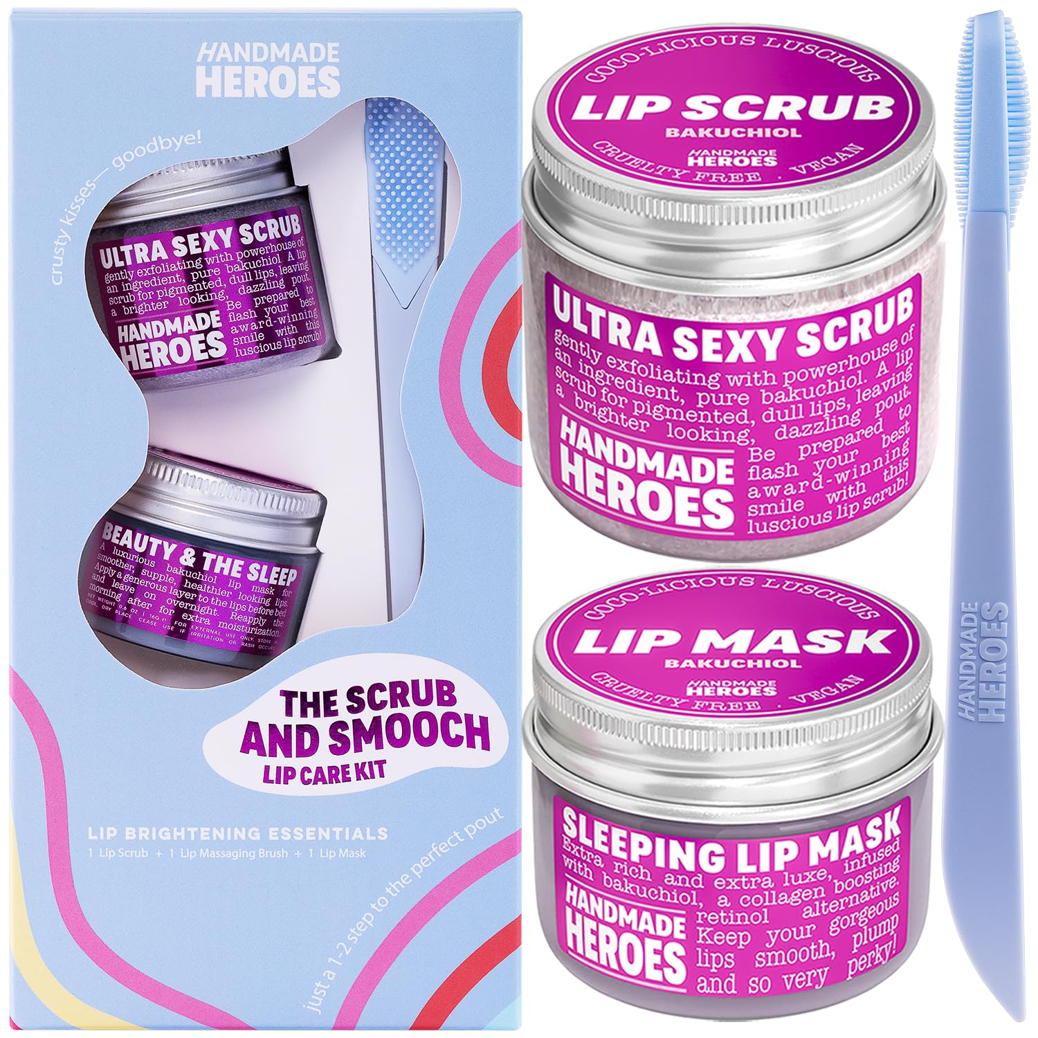 100% Natural Lip Scrub, Vegan Conditioning Coconut Lip Exfoliator - Gentle Exfoliant, Sugar Lip Polish and Lip Exfoliator Scrubber for Chapped and Dry Lips (Bakuchiol 3pc Set) Stocking Stuffers