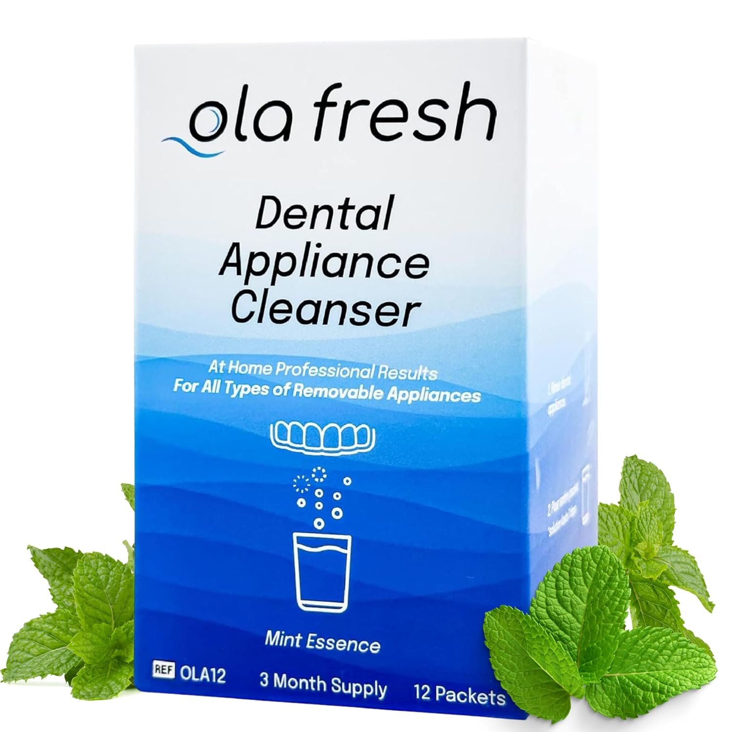 Ola Fresh Dental Appliance Cleanser, Professional Denture and Retainer Powder Cleanser (Mint Essence Flavor, 24 Packets, 3 Month Supply)