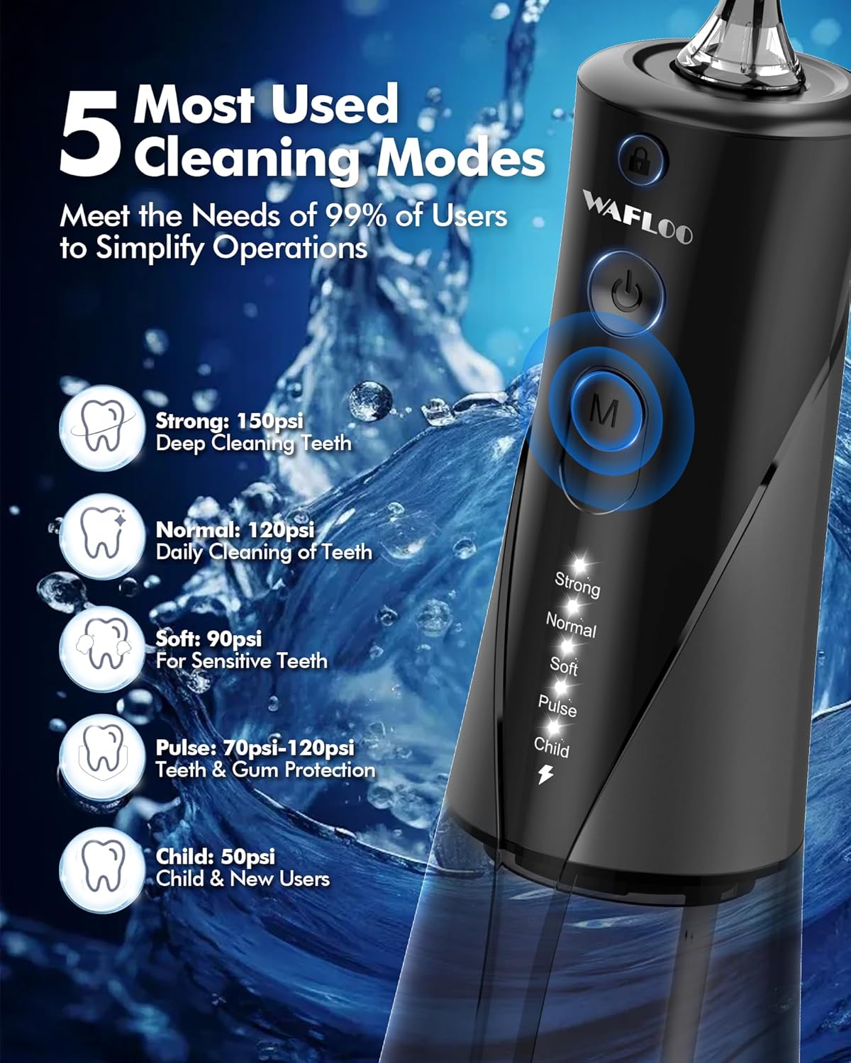 Water Flossers for Teeth - 5 Modes, 6 Flossing Tips, Rechargeable Cordless Portable 300ML Larger Tank Electric Waterflosser Cleaner IPX7 Waterproof Floss Cleaning Teeth Pick for Home Travel