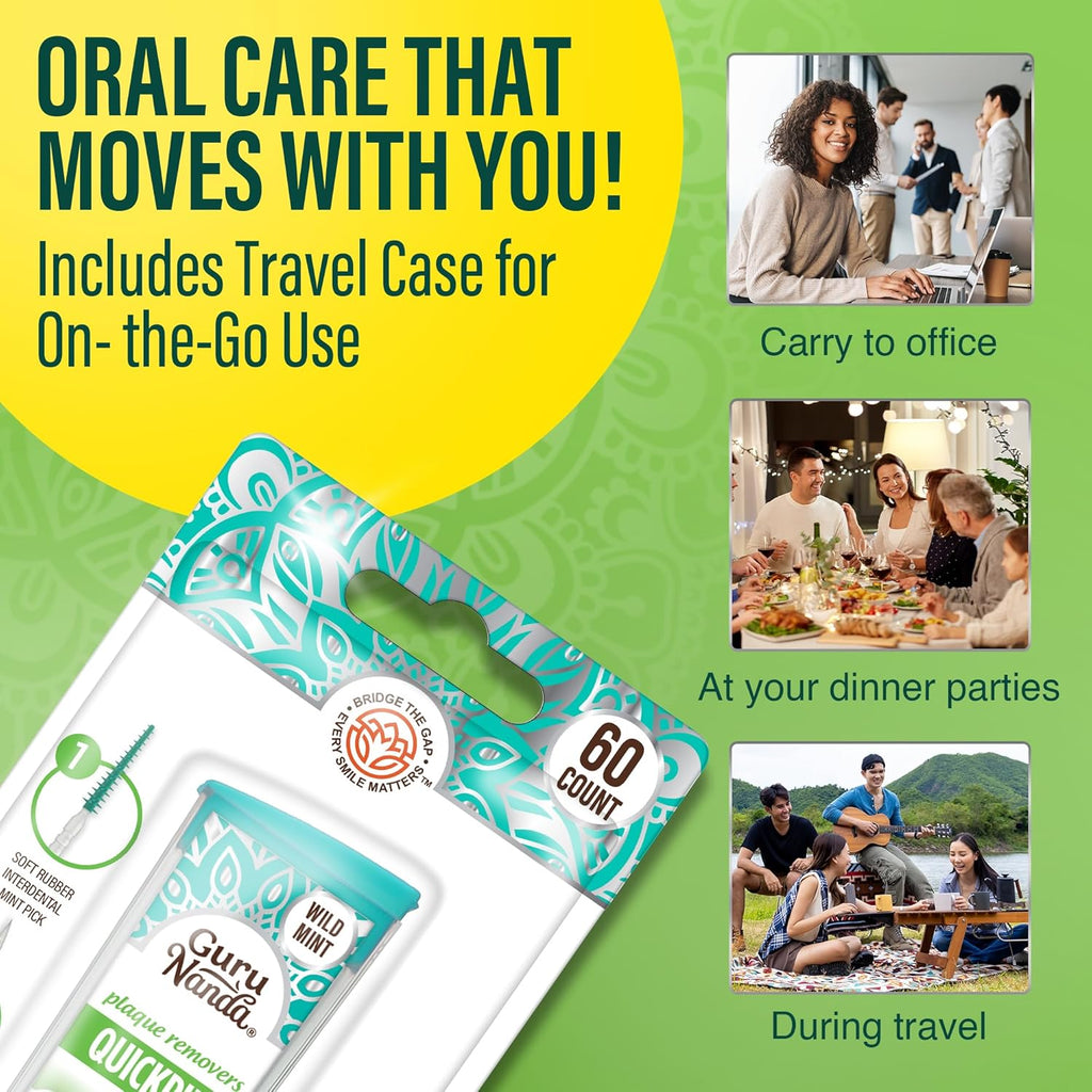 GuruNanda 2-in-1 QuickPik Toothpick & Interdental Pick – Soft Rubber Bristles for Plaque Removal & Improved Oral Care, Comes with a Travel Case for On-The-Go Use, 60ct
