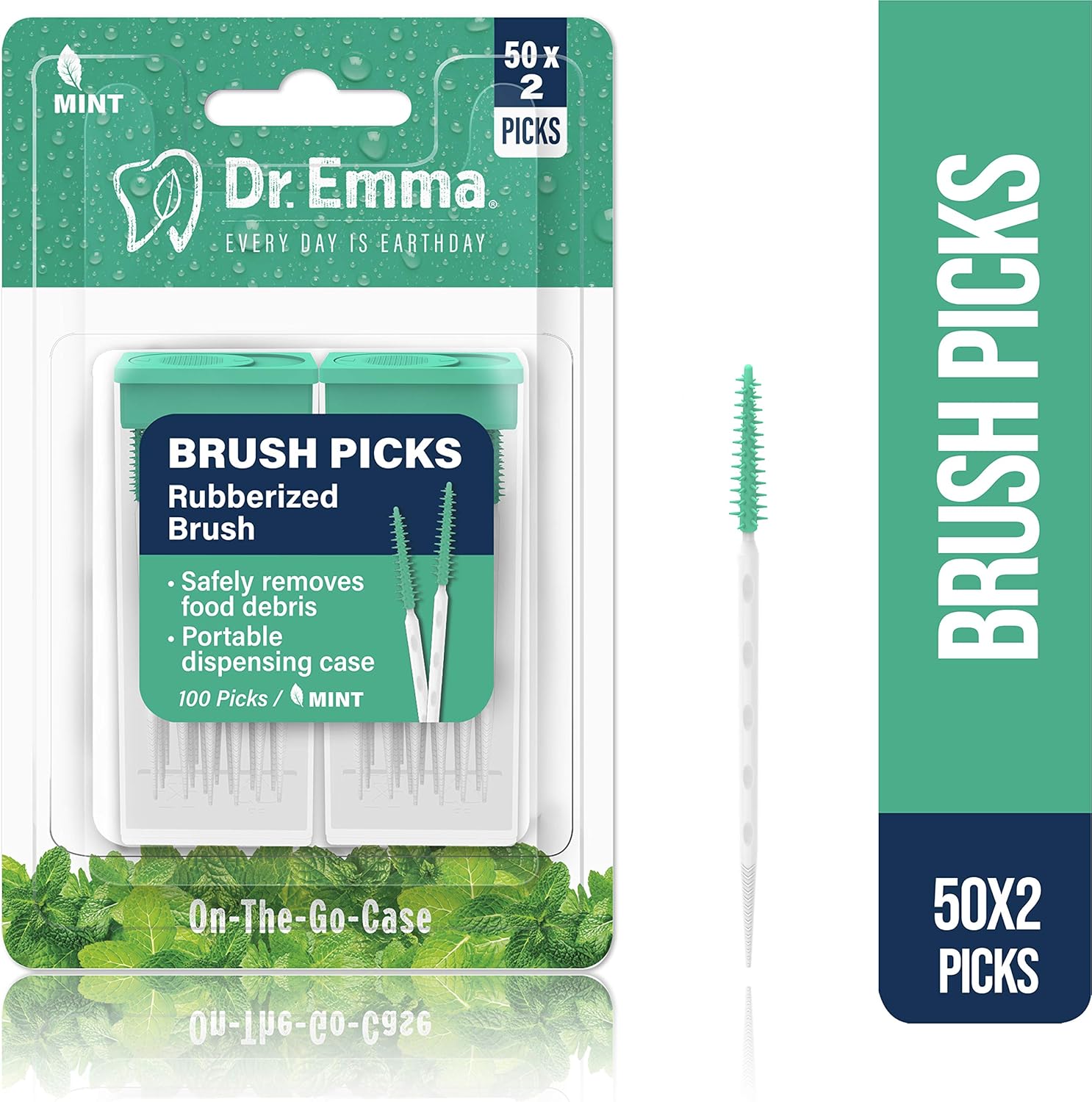 Dr. Emma Brush Picks Rubberized Mint Brush Picks, 2 Packs, 100 Picks/Pack