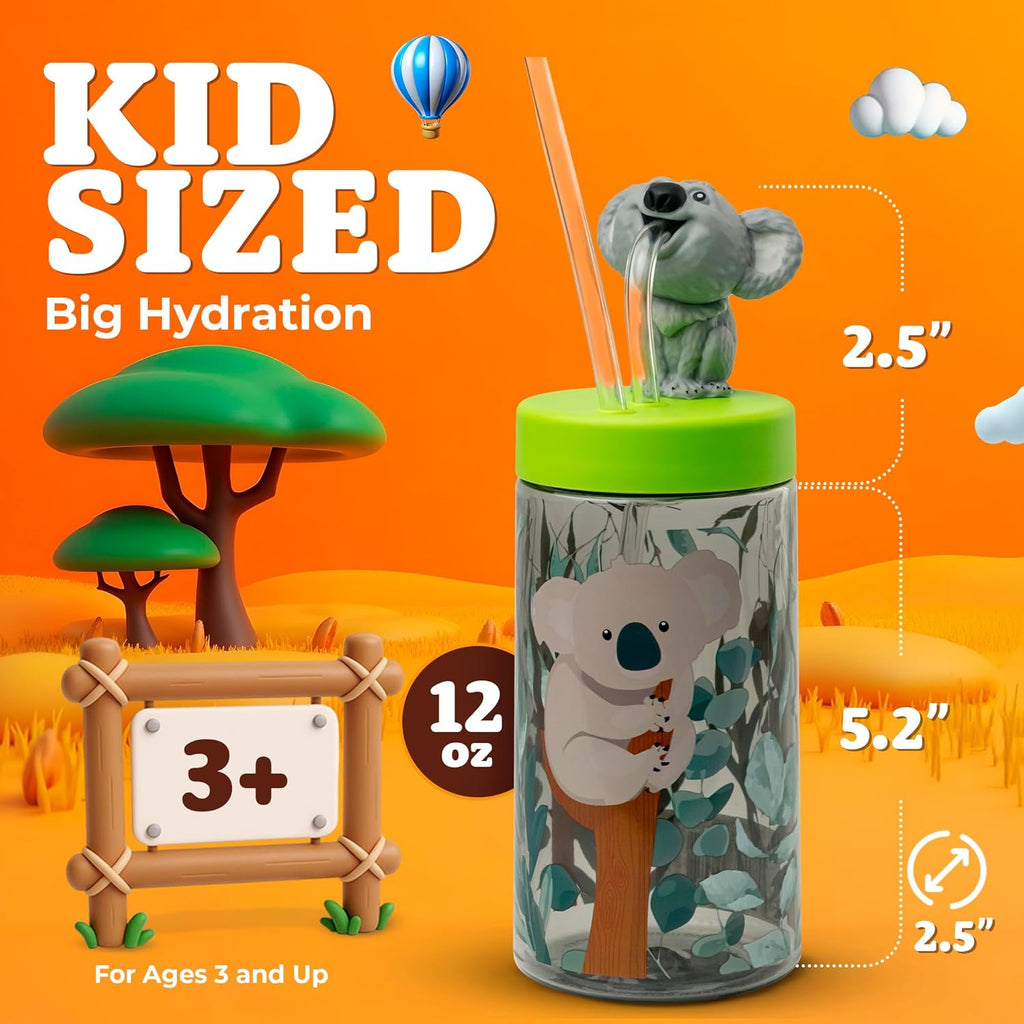 Trend Zoo Koala Cup, Water Bottle, Tumbler with Lid and Straw, Travel Sippy Cup for Water or Milk, Cups with Lids BPA Free Plastic, 12 oz