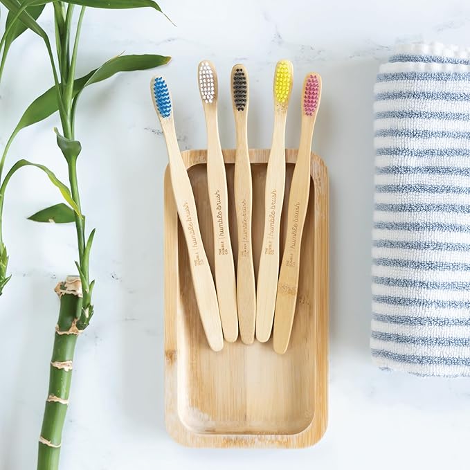 The Humble Co Bamboo Toothbrushes, 5 Pack - Soft Bristles Natural Bamboo Toothbrush - BPA Free Soft Bristles for Sensitive Gums - Non-Toxic & Plastic Free Handle - Dental Oral Care & Hygiene