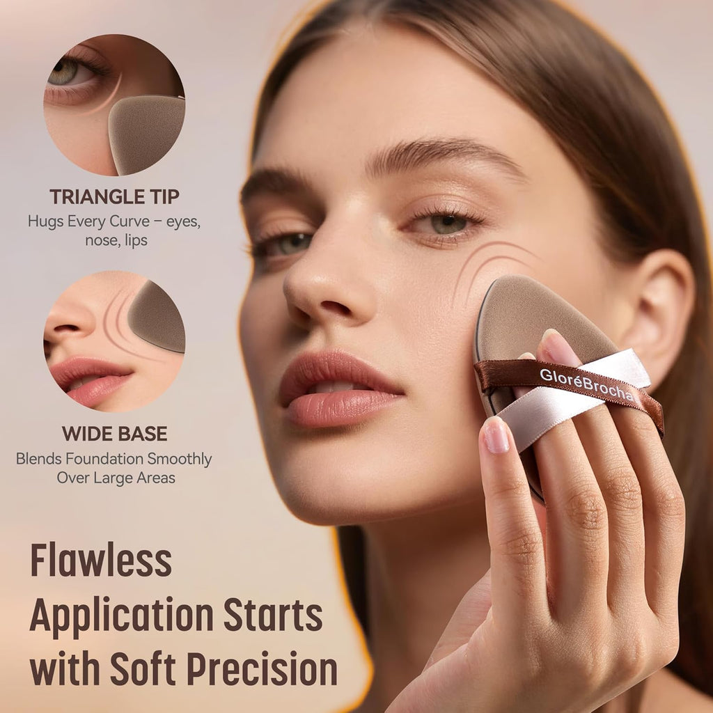Makeup Sponge Set, GloréBrochas 4PCS Micro Porous Low Absorption Foundation Sponges, Latex-Free PU Cushion Puff, 3.2inches Soft Dual-Sided Brown Powder Puff for Face Powder, Individually Wrapped