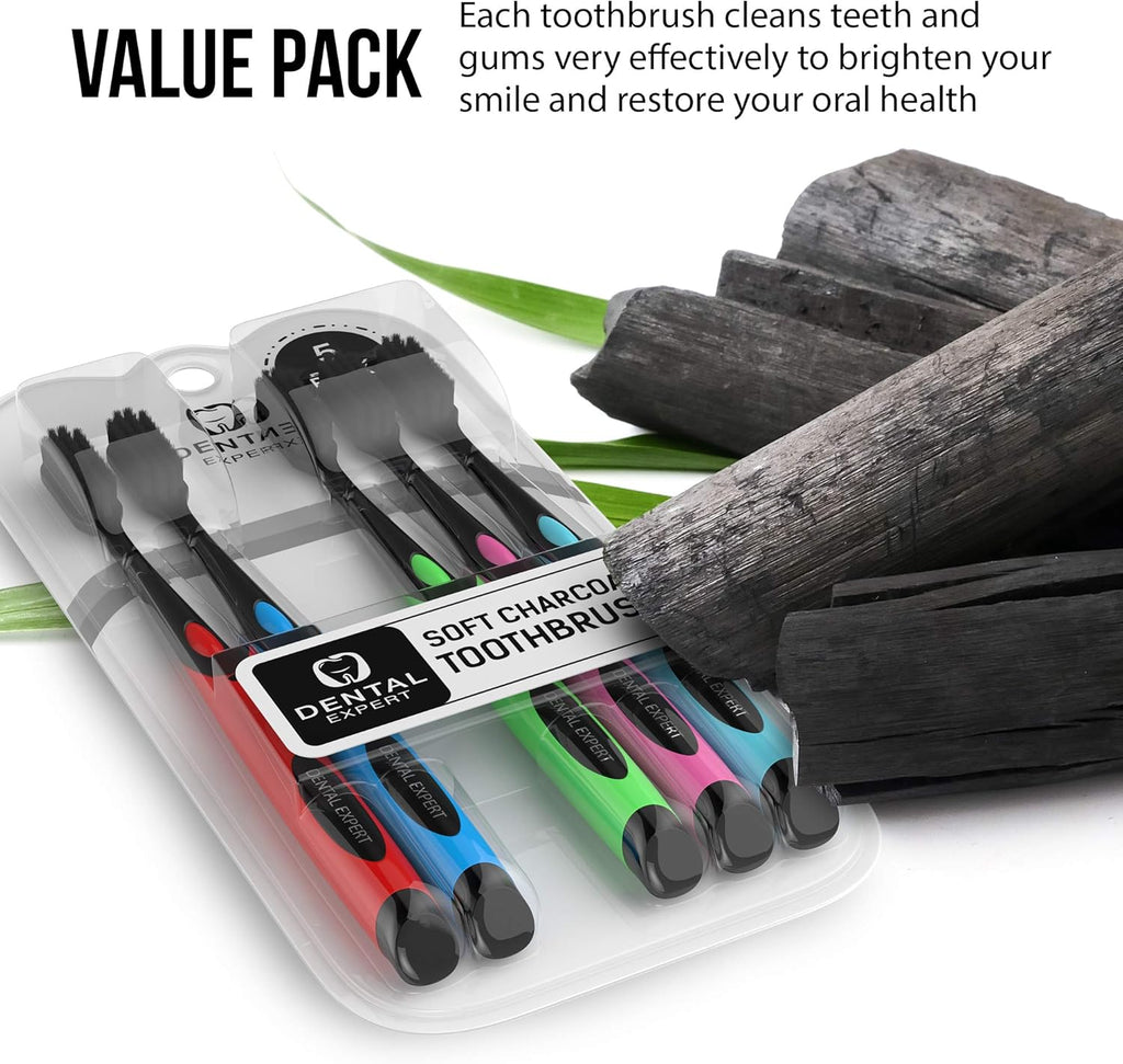 Soft Toothbrushes for Adults - Black Charcoal Toothbrush Ultra Soft for Sensitive Gums - Teeth Whitening Brush for Adults & Children [Extra Family Pack] Super Soft Tip Bristles (Colorful)