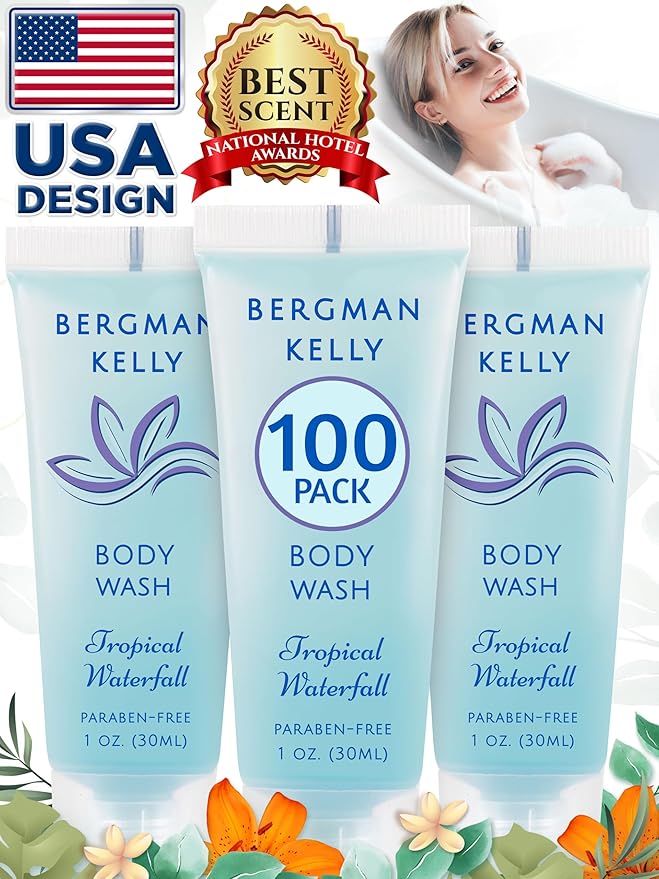 BERGMAN KELLY Travel Size Body Wash (1 fl oz, 100 PK, Tropical Waterfall), Delight Your Guests with an Invigorating and Refreshing Hotel Body Wash, Mini and Small Size Guest Hotel Toiletries in Bulk