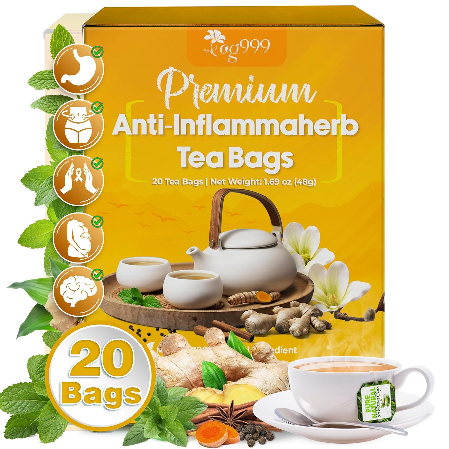 20 Tea Bags - Anti-Inflammaherb Loose Leaf Tea, 100% Natural from Ginger, Turmeric, Peppermint, Black Pepper, Cinnamon. No Sugar, No Caffeine, No Gluten, Vegan