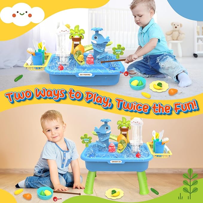 21" H Play Sink with Running Water, 4-in-1 Kids Kitchen Sink Toy with Electric Faucet, Mini Water Table with Detachable Legs, Fishing Game, Pretend Play Dishwasher Gift Set for Boys & Girls(Blue)