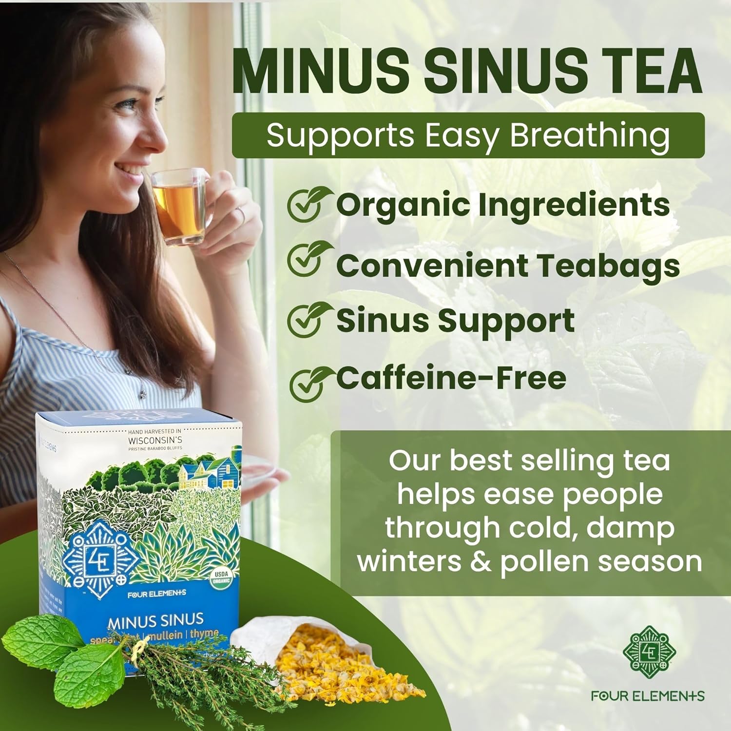 Four Elements Minus Sinus Tea [16 Teabags, 1.2 oz] | Organic Spearmint Tea with Mullein & Thyme | Caffeine Free Herbal Blend with Refreshing Aroma & Comforting Flavor | Enjoy Hot or Iced Latte