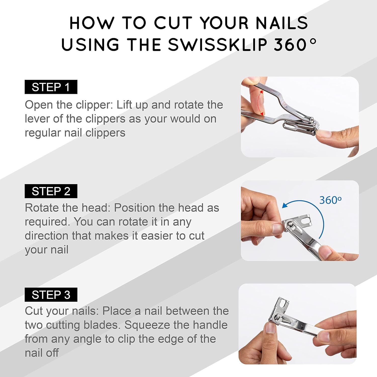 Swissklip Nail Clippers for Men & Women I Finger Nail Clippers for Adult with 360 Degree Rotating Head I Fingernail Clippers for Women I Surgical-Grade Stainless Steel Material (3 Pack)