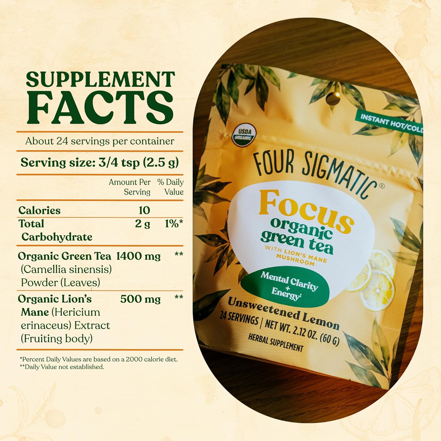 Four Sigmatic Focus Organic Green Tea | Focus Enhancing Tea with Lion's Mane Mushroom Extract | Organic Green Tea, Mint, and Rose Hips | Vegan, Gluten-Free | Unsweetened with Lemon, 24 Servings