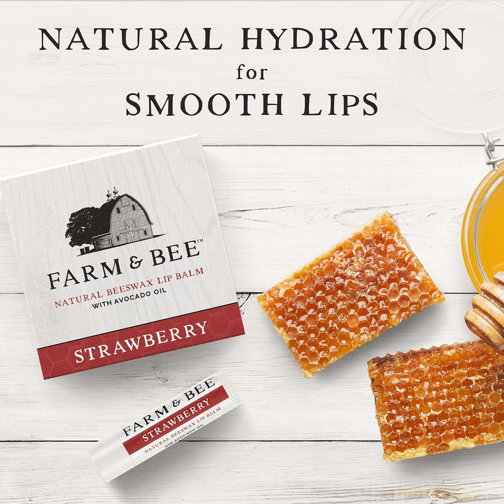 Natural Lip Balm - Organic & Natural Ingredients - Beeswax Based Moisturizing Lip Care Chapstick for Chapped Lips - Great Gift Idea - Farm & Bee - 0.15oz (Pack of 4 - Strawberry)