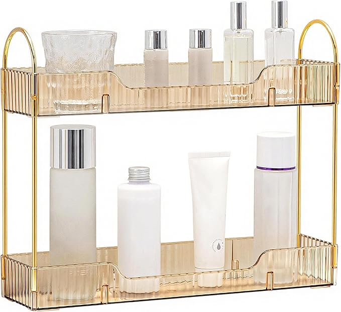YCIA&DONE 2 Tiers Narrow Vanity Makeup Organizer, Bathroom Organizers Countertop Slim, Perfume Holder Skincare Storage Cosmetic Shelf Spice Rack, for Small Desktop Counter Space, Amber Gold