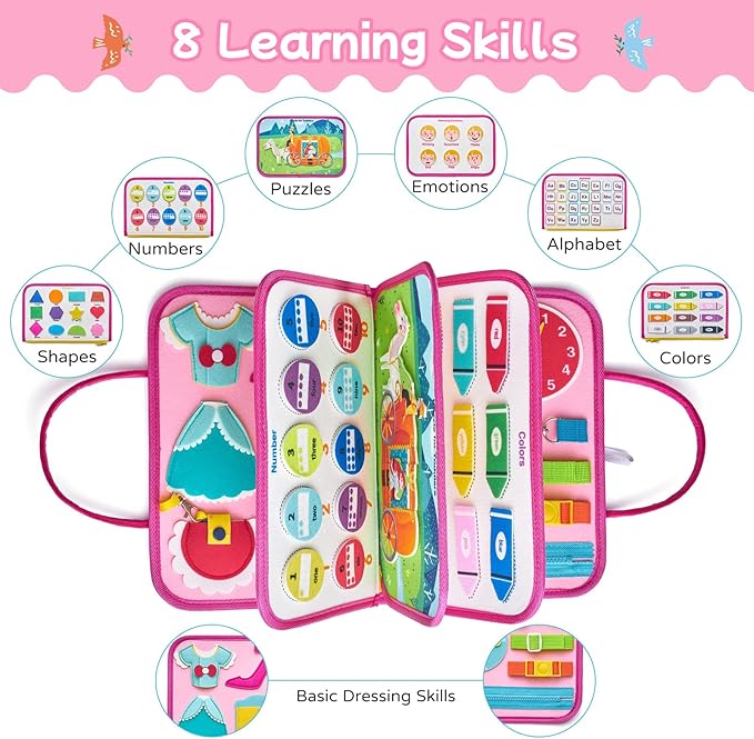 Freebear Busy Board Toddler Travel Toys Quiet Book Sensory Board for Toddlers 1 2 3 4, Montessori Educational Toys for 3 4 Year Old Girls Boys Gift, Princess