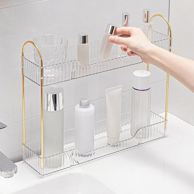 YCIA&DONE 2 Tiers Narrow Vanity Makeup Organizer, Bathroom Organizer Countertop Slim, Perfume Holder Skincare Storage Cosmetic Shelf Spice Rack, for Small Desktop Space, White Clear