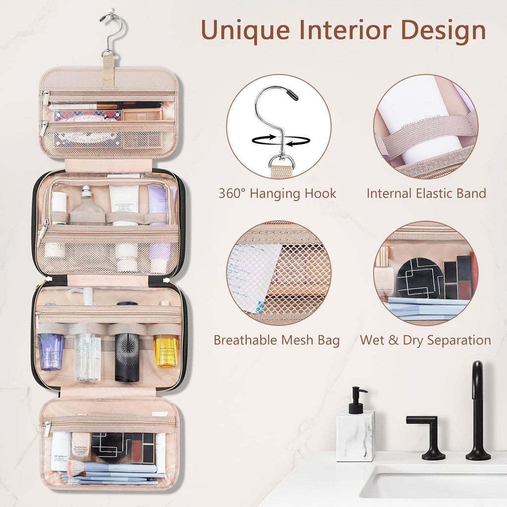 Wedama Toiletry Bag for Women, Hanging Travel Toiletry Bag with Jewelry Organizer Compartment Medium Makeup Bag, PVC Waterproof Cosmetic Travel Bag Trips Camping Bathroom, Black+Brown