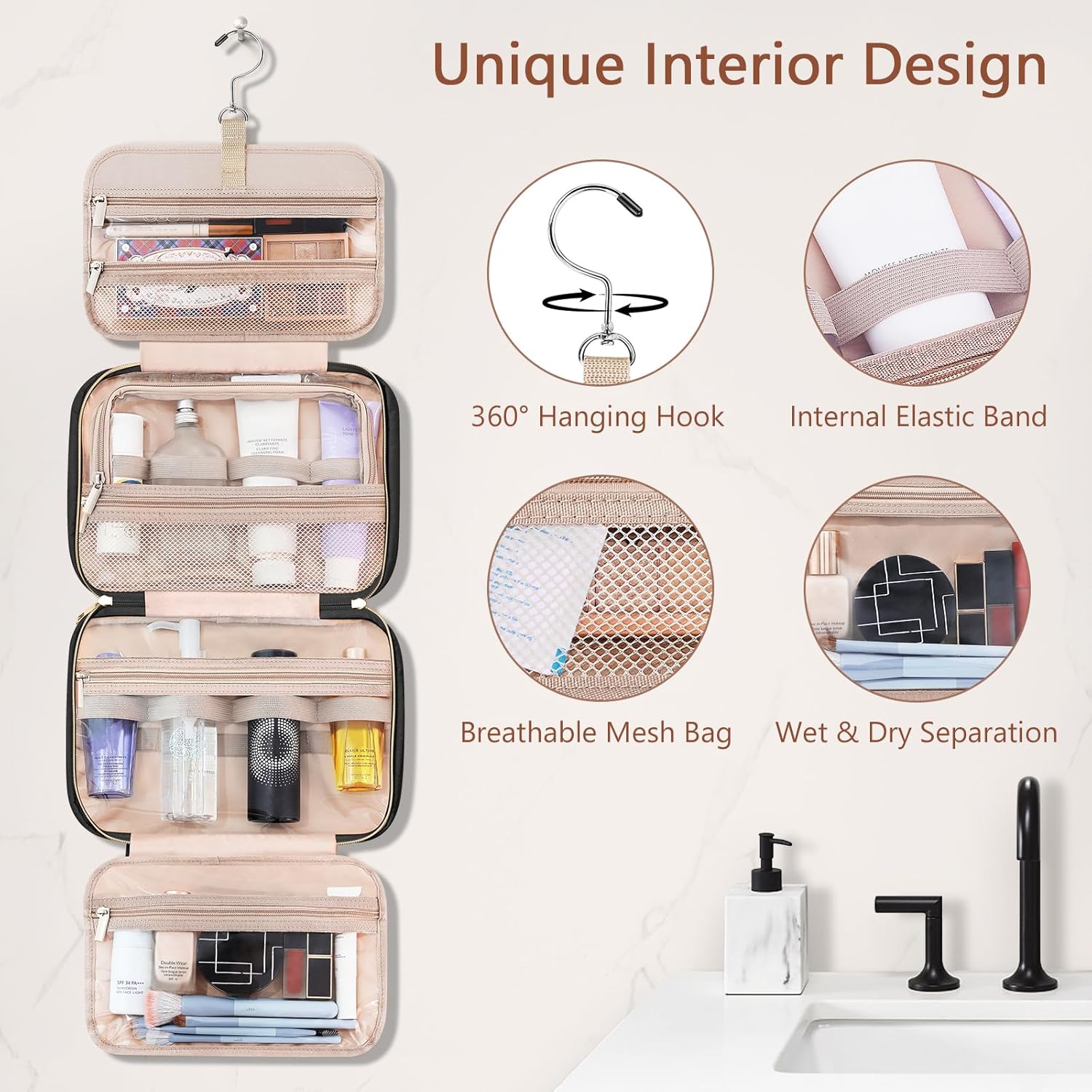 Wedama Toiletry Bag for Women, Hanging Travel Toiletry Bag with Jewelry Organizer Compartment Medium Makeup Bag, PVC Waterproof Cosmetic Travel Bag Trips Camping Bathroom, Black+Brown