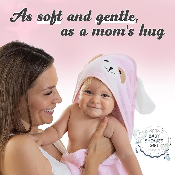 Baby Towels with Hood - Soft, Absorbent Viscose Made of Bamboo, Extra Large 35 x 35 Inches, for Newborns, Infants, Boys and Girls, Pink