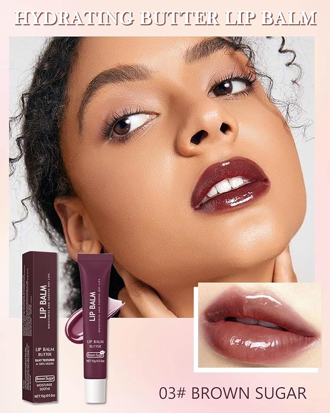 Lip Balm Butter Brown Sugar, Hydrating Tinted Butter Lip Gloss,Clear Lip Mask Lip Care Moisturizer,Smooth Lip Treatment,Non-Sticky Jelly Glow Reviver Lip Oil,Christmas Makeup Gift for Women-03