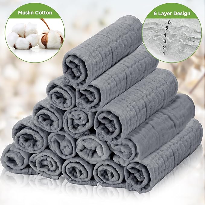 Breling 20 Pcs Baby Muslin Washcloth 12 x 12 Inch 100% Cotton Soft and Absorbent Muslin Washcloth Burp Cloth Wipe Newborn Face Towel for Baby Boy Girl Sensitive Skin(Gray)