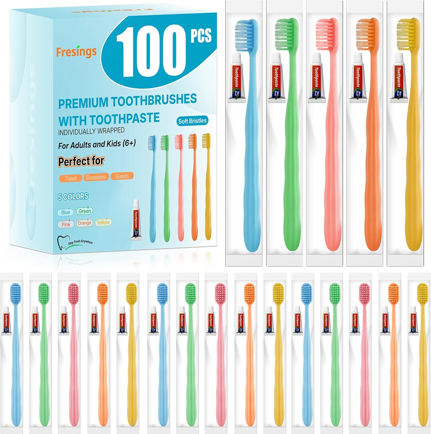 100 Pack Disposable Toothbrushes with Toothpaste, Individually Wrapped Soft Bristle Travel Toothbrush Bulk, Hotel Guest Amenities, Mint 3g Toothpaste Set for Camping, Donation & Oral Care Kit