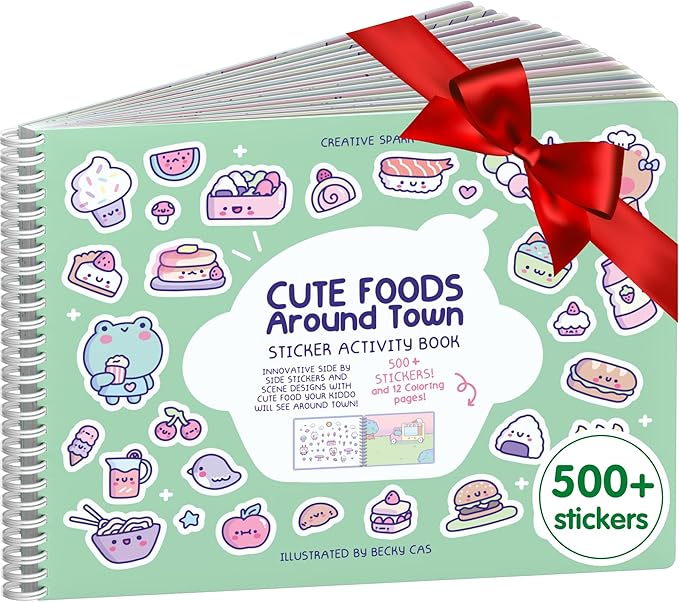 Girly Sticker Book Activity for Kids, Cute Foods Around Town by Cupkin, Toddler Airplane Travel Essentials, 500+ Stickers for Kids 12 Scenes + Coloring Book Pages, Crafts Ages 2-8