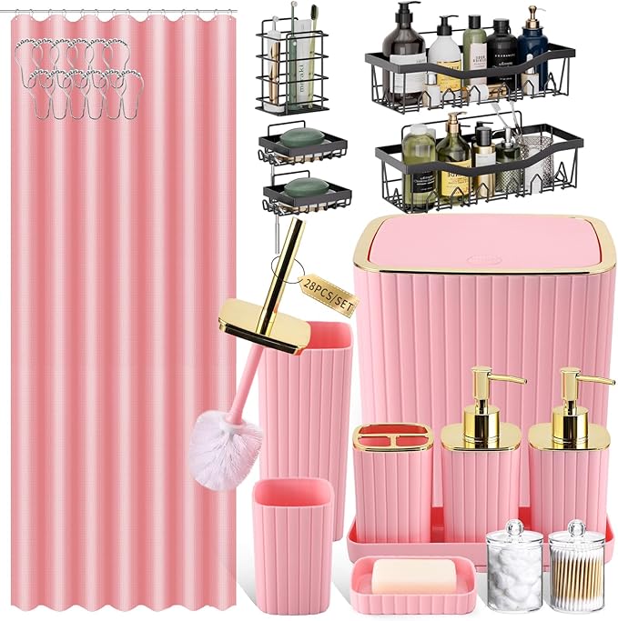 28PC Bathroom Set - Gorgeous Pink Bathroom Set, Bathroom Accessory Set, Pink Shower Curtain Set with 5PC Shower Caddy