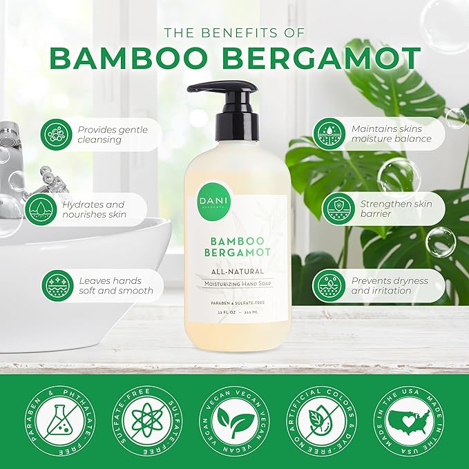 DANI Naturals Moisturizing Hand Soap – Bamboo Bergamot Scent, Hydrating, Sulfate-Free & Paraben-Free, 12 Oz Bottle with Pump, Gentle Cleansing for Dry Skin