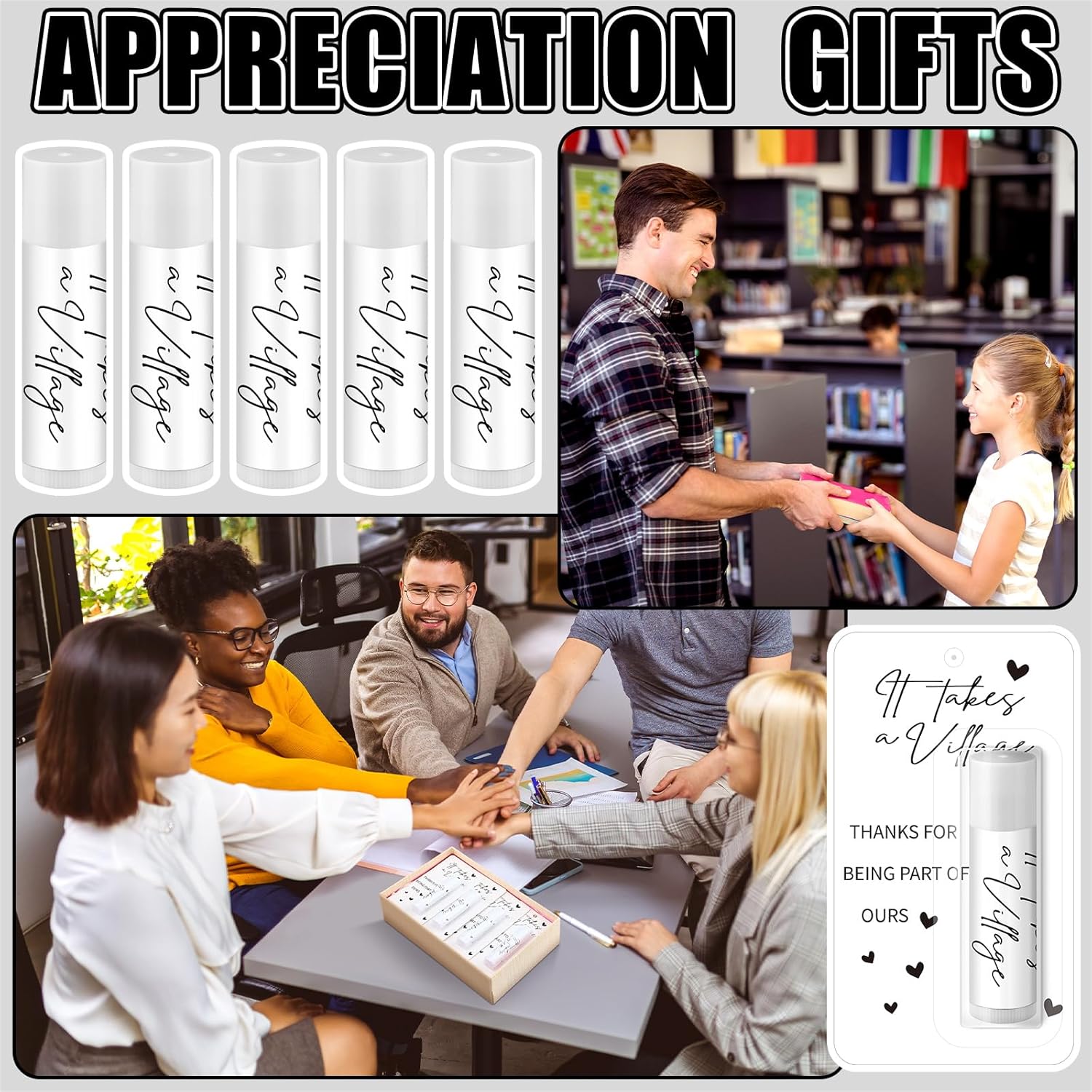 30 Pack Christmas Employee Appreciation Gift Lip Balms Bulk Staff Teacher Team Volunteer Thank You Gift Thanksgiving Christmas Appreciation Party Favor for Women Men(It Takes A Village,White)