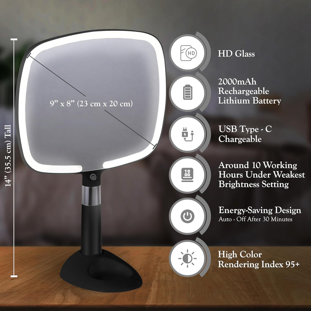 MIRRORVANA Lighted Travel Makeup Mirror - 2 in 1 Handheld & Tabletop LED Mirror with 3 Light Modes, Detachable Stand, and Comfy Handle - 9" x 13" (Black)