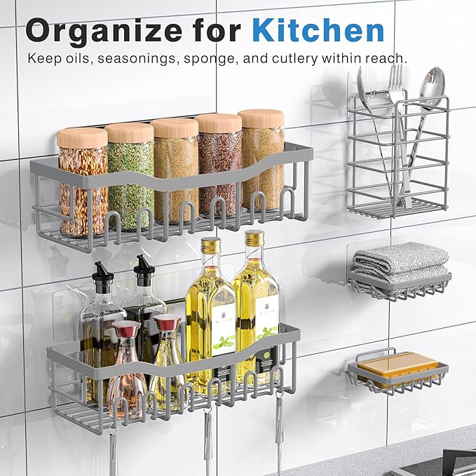 EUDELE 5-Pack Rustproof Stainless Steel Shower Caddy Set– No Drill Adhesive Bathroom Organizer, Space-Saving Shower Shelves for Apartment Essentials, Bathroom/Kitchen Storage Home Decor-L Size