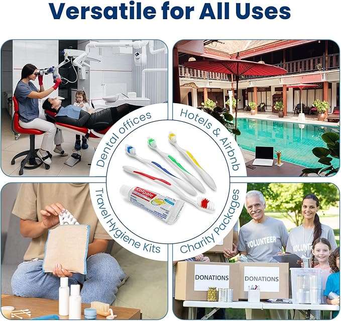 200 Toothbrushes Bulk Wholesale Quantity Standard Size, Dental Care Toiletries, Medium Soft Bristles, Individually Wrapped, Homeless Care, Disposable Use, Hotels, Travel