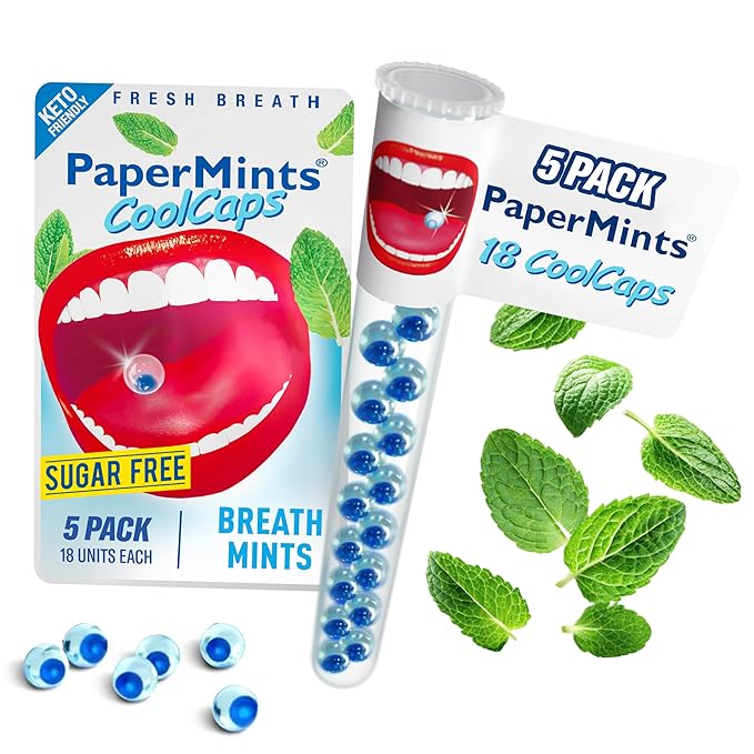 PaperMints CoolCaps - Instant Fresh Breath Mints Sugar-Free, 5 x Tubes of 18 capsules. Extreme Bad Breath Treatment for Adults, Breath Freshener Pearls for Halitosis Treatment Keto-Friendly