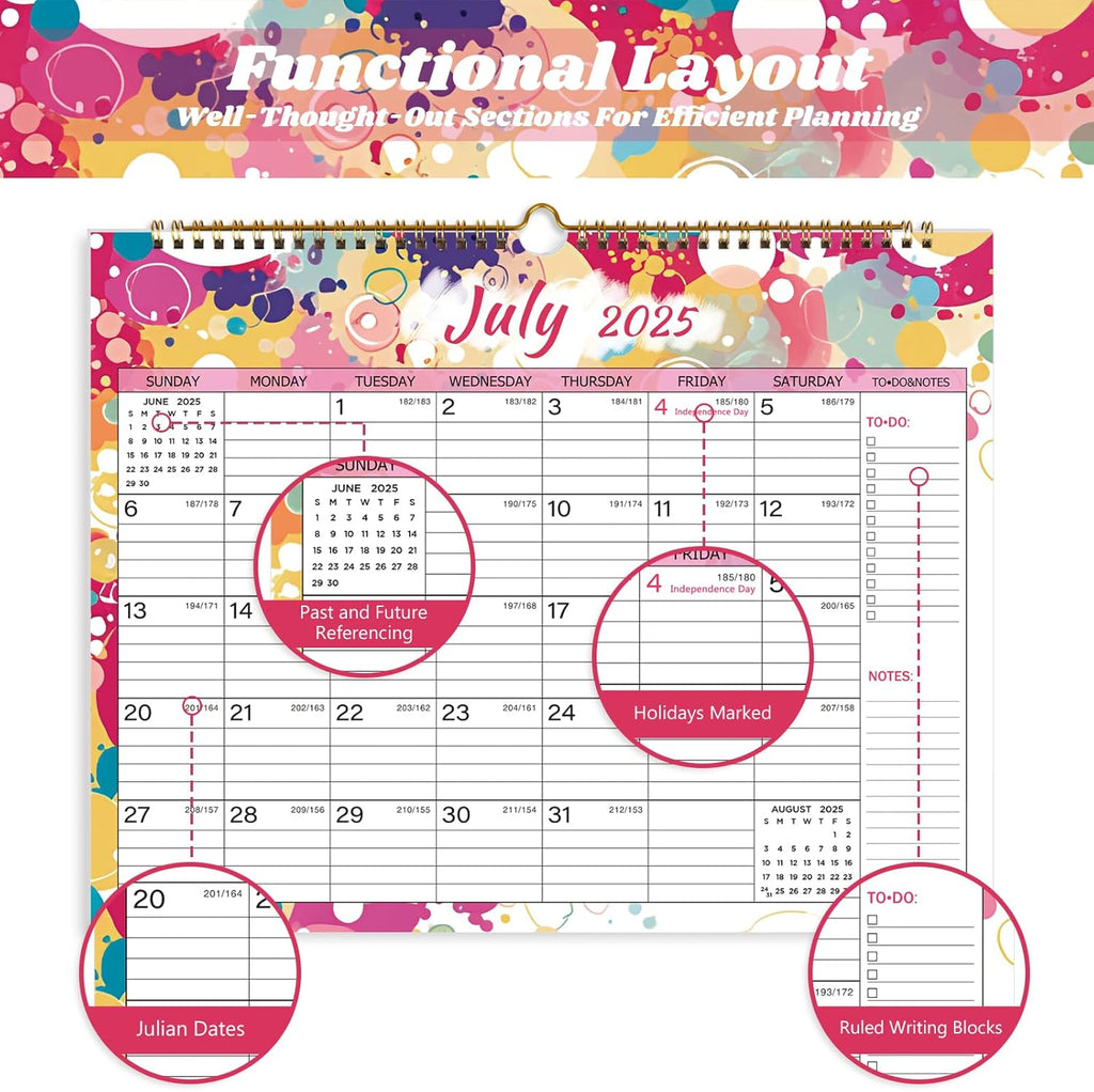 2025-2026 Wall Calendar, Calendar 2025-2026, 18 Month Calendar July 2025 - December 2026, 14.8" X 11.5", Calendar with Twin-Wire Binding, Hanging Hook and Julian Dates (Multi Colorful)